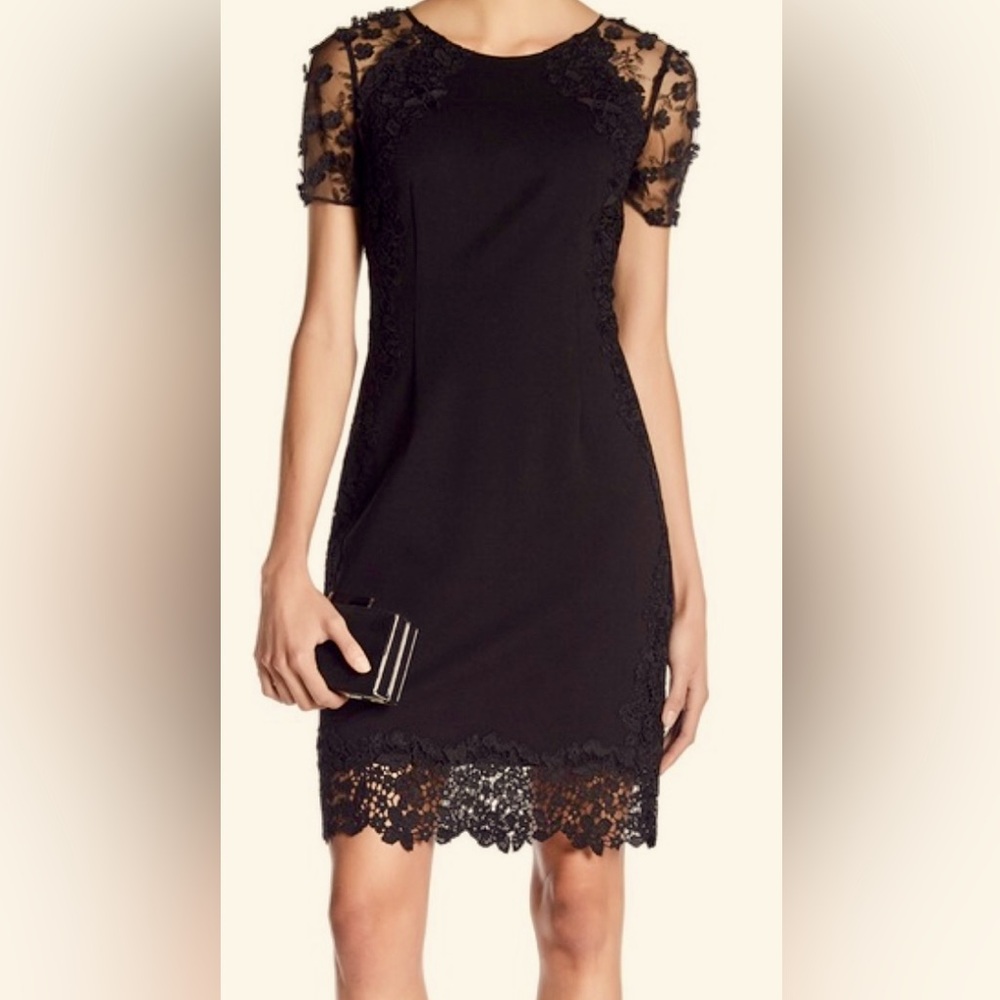NWOT Midi LBD Cap Sleeve Chiffon Floral Appliqué. Lace Embroidery On Bodice